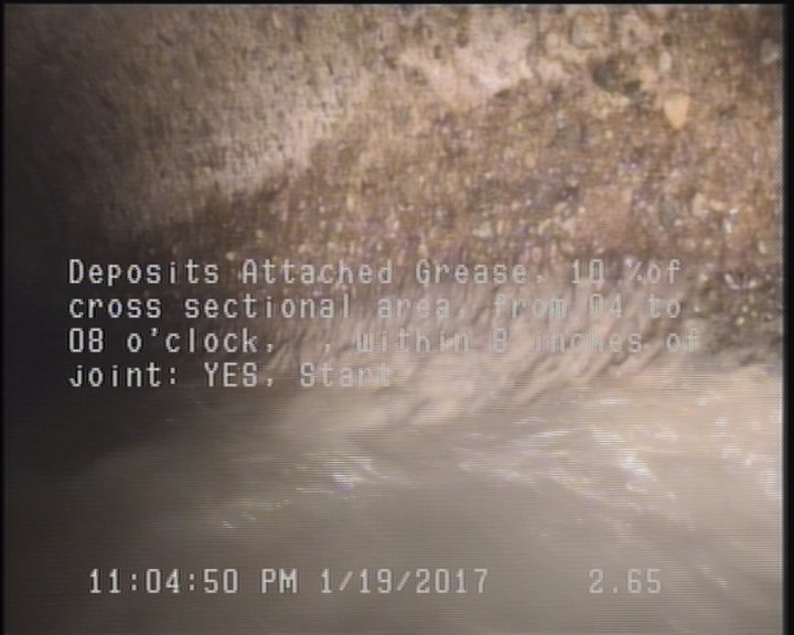 Deposits Attached Grease, 10 %of cross sectional area, from 04 to 08 o'clock, , within 8 inches of joint: YES, Start