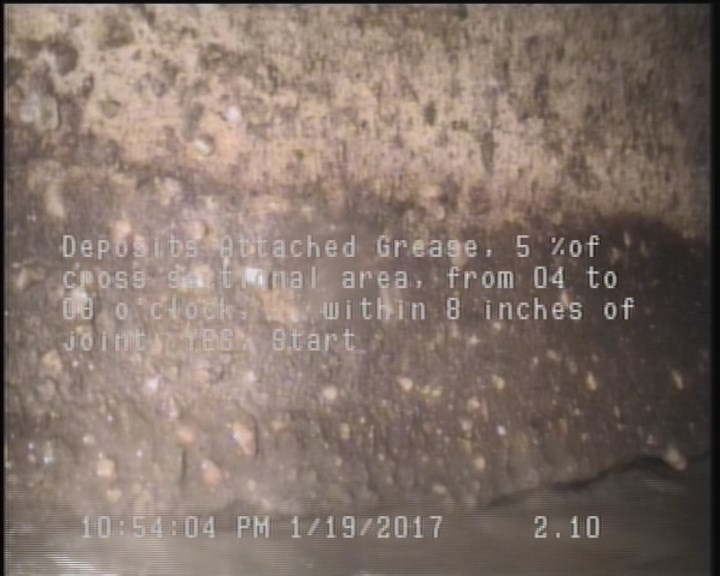 Deposits Attached Grease, 5 %of cross sectional area, from 04 to 08 o'clock, , within 8 inches of joint: YES, Start