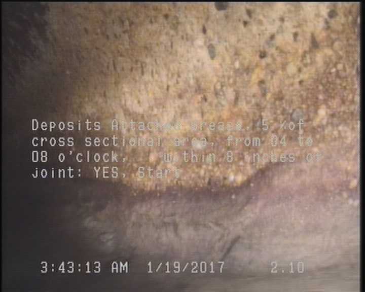 Deposits Attached Grease, 5 %of cross sectional area, from 04 to 08 o'clock, , within 8 inches of joint: YES, Start