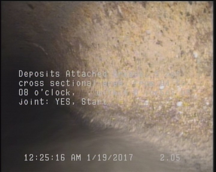 Deposits Attached Grease, 5 %of cross sectional area, from 04 to 08 o'clock, , within 8 inches of joint: YES, Start