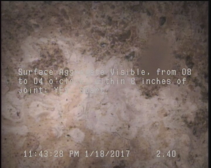 Surface Aggregate Visible, from 08 to 04 o'clock, within 8 inches of joint: YES, Start