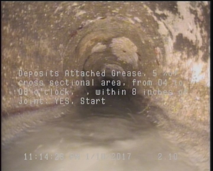 Deposits Attached Grease, 5 %of cross sectional area, from 04 to 08 o'clock, , within 8 inches of joint: YES, Start