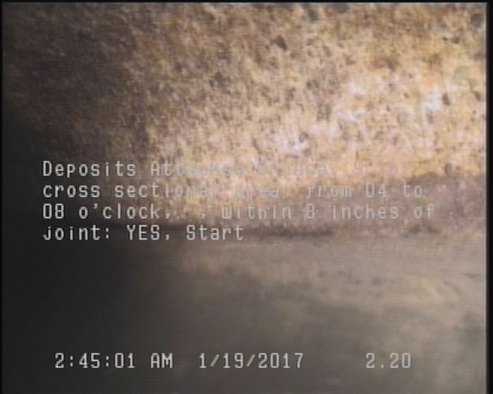 Deposits Attached Grease, 5 %of cross sectional area, from 04 to 08 o'clock, , within 8 inches of joint: YES, Start