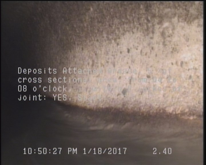 Deposits Attached Grease, 5 %of cross sectional area, from 04 to 08 o'clock, , within 8 inches of joint: YES, Start