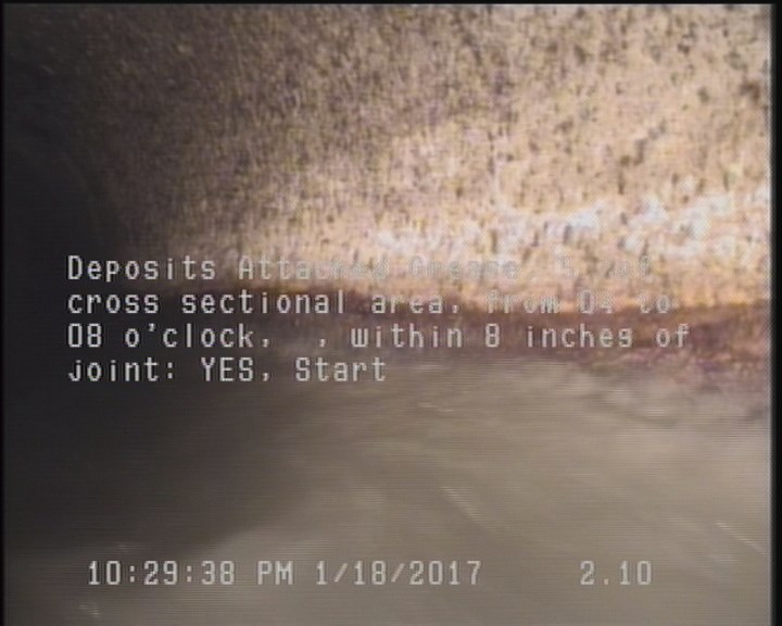 Deposits Attached Grease, 5 %of cross sectional area, from 04 to 08 o'clock, , within 8 inches of joint: YES, Start