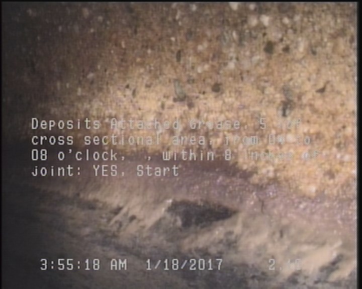 Deposits Attached Grease, 5 %of cross sectional area, from 04 to 08 o'clock, , within 8 inches of joint: YES, Start