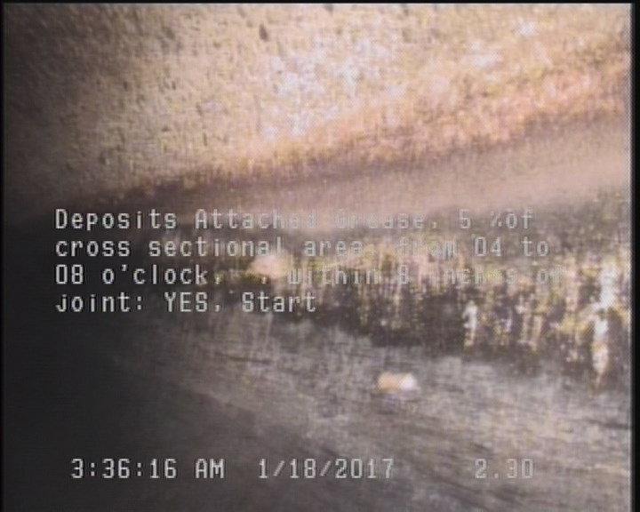Deposits Attached Grease, 5 %of cross sectional area, from 04 to 08 o'clock, , within 8 inches of joint: YES, Start
