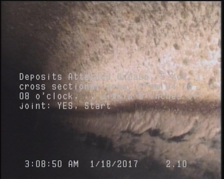 Deposits Attached Grease, 5 %of cross sectional area, from 04 to 08 o'clock, , within 8 inches of joint: YES, Start