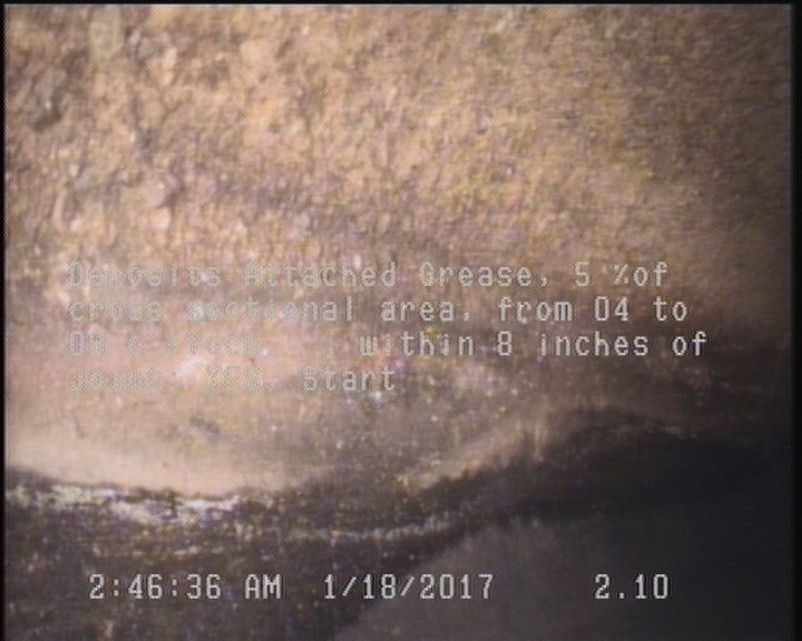 Deposits Attached Grease, 5 %of cross sectional area, from 04 to 08 o'clock, , within 8 inches of joint: YES, Start