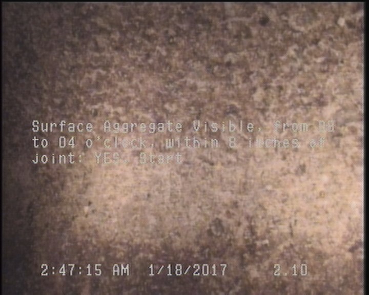 Surface Aggregate Visible, from 08 to 04 o'clock, within 8 inches of joint: YES, Start