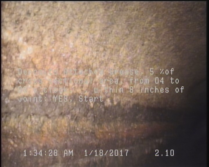 Deposits Attached Grease, 5 %of cross sectional area, from 04 to 08 o'clock, , within 8 inches of joint: YES, Start