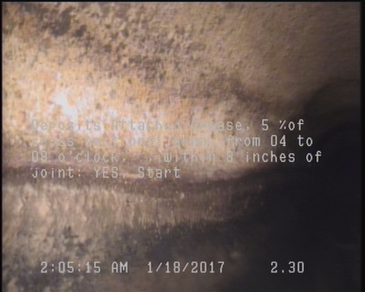 Deposits Attached Grease, 5 %of cross sectional area, from 04 to 08 o'clock, , within 8 inches of joint: YES, Start