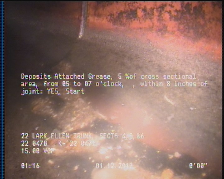 Deposits Attached Grease, 5 %of cross sectional area, from 05 to 07 o'clock, , within 8 inches of joint: YES, Start