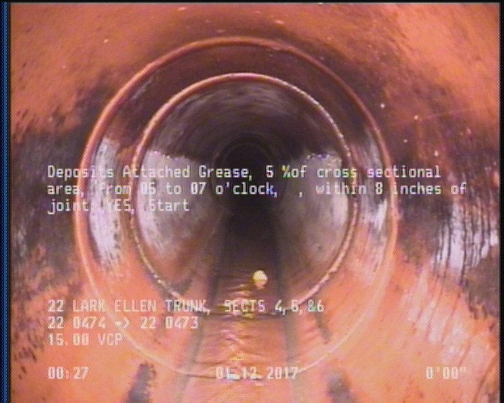 Deposits Attached Grease, 5 %of cross sectional area, from 05 to 07 o'clock, , within 8 inches of joint: YES, Start