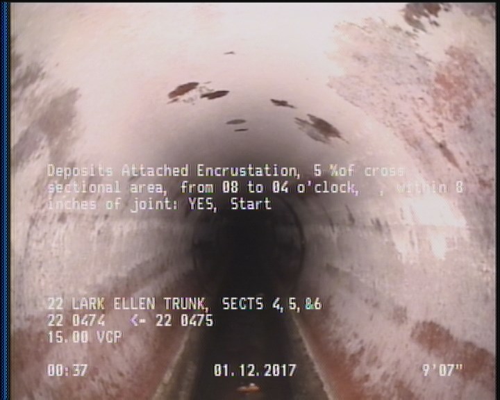 Deposits Attached Encrustation, 5 %of cross sectional area, from 08 to 04 o'clock, , within 8 inches of joint: YES, Start