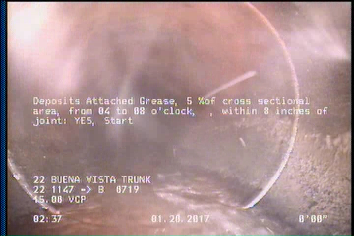 Deposits Attached Grease, 5 %of cross sectional area, from 04 to 08 o'clock, , within 8 inches of joint: YES, Start