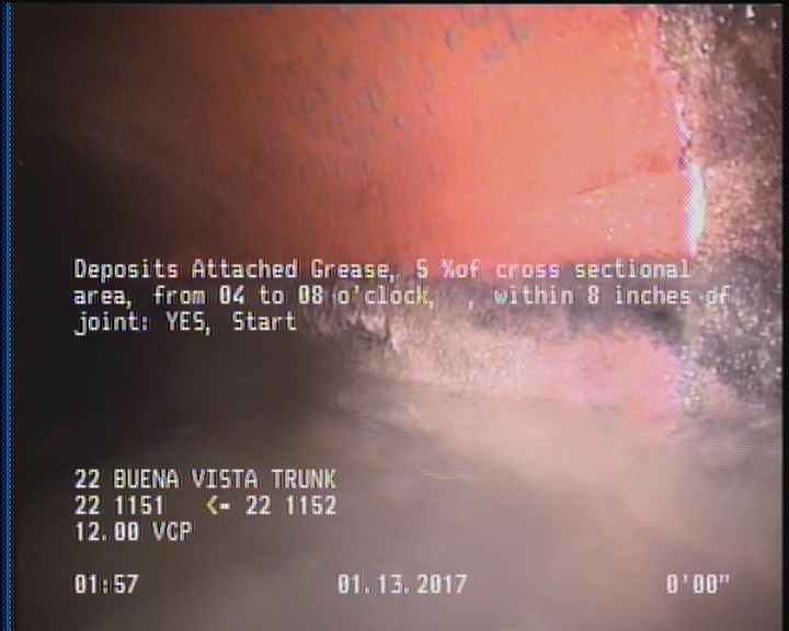 Deposits Attached Grease, 5 %of cross sectional area, from 04 to 08 o'clock, , within 8 inches of joint: YES, Start