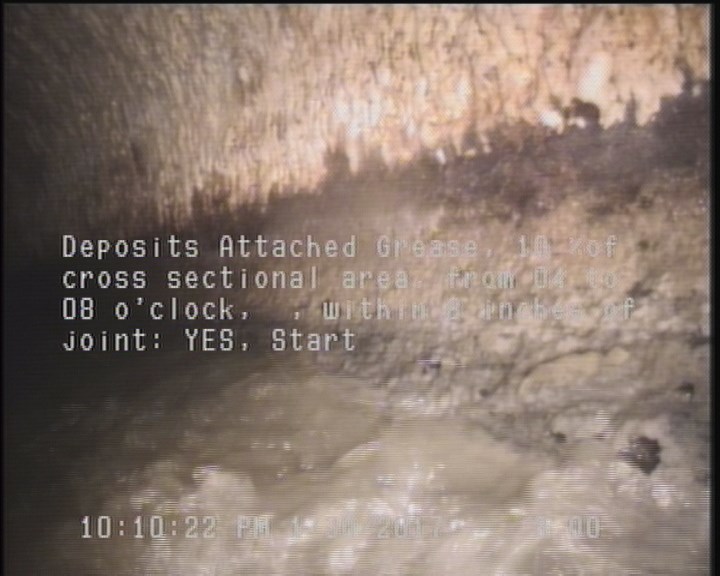 Deposits Attached Grease, 10 %of cross sectional area, from 04 to 08 o'clock, , within 8 inches of joint: YES, Start