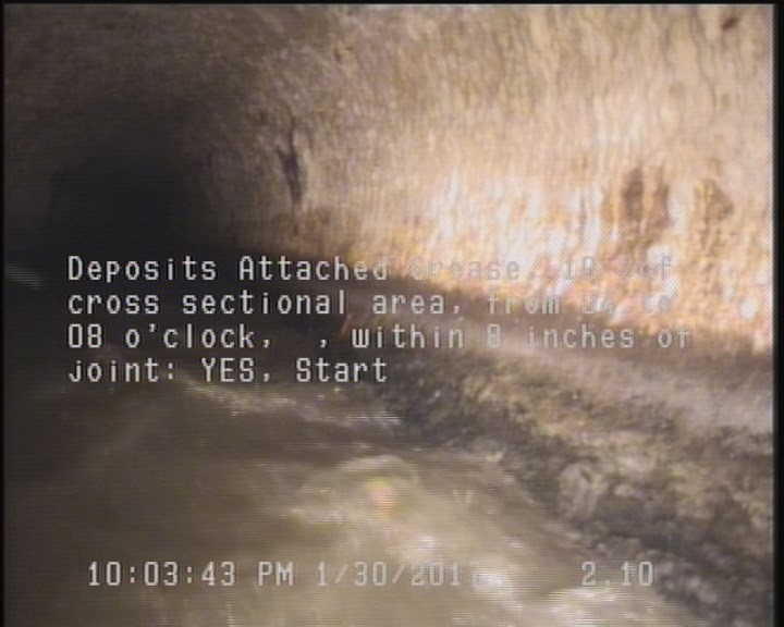 Deposits Attached Grease, 10 %of cross sectional area, from 04 to 08 o'clock, , within 8 inches of joint: YES, Start