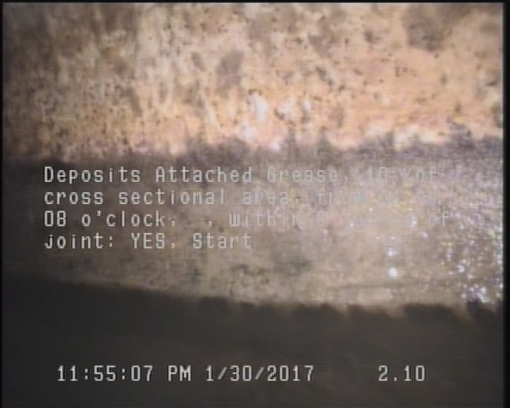 Deposits Attached Grease, 10 %of cross sectional area, from 04 to 08 o'clock, , within 8 inches of joint: YES, Start