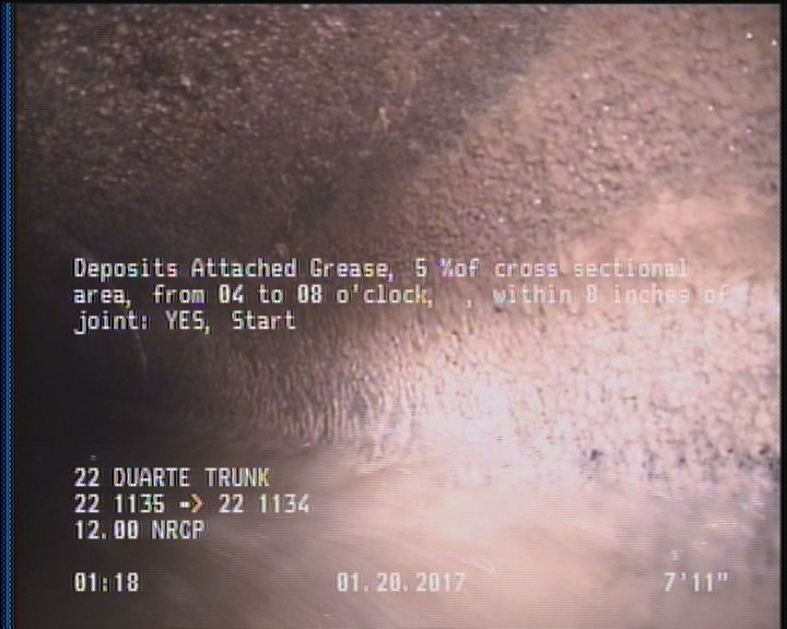 Deposits Attached Grease, 5 %of cross sectional area, from 04 to 08 o'clock, , within 8 inches of joint: YES, Start