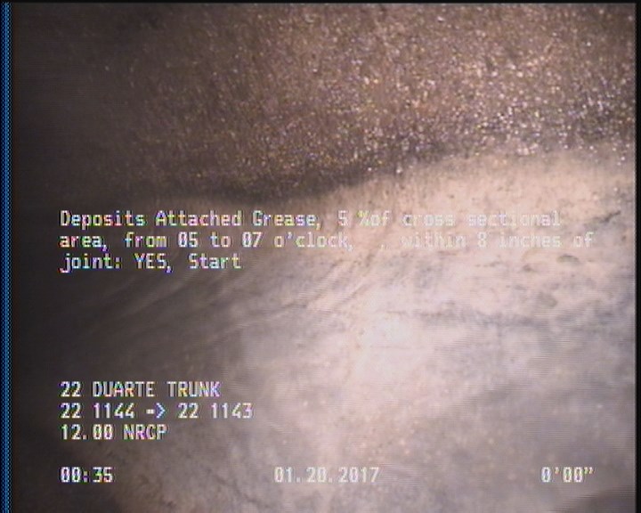 Deposits Attached Grease, 5 %of cross sectional area, from 05 to 07 o'clock, , within 8 inches of joint: YES, Start