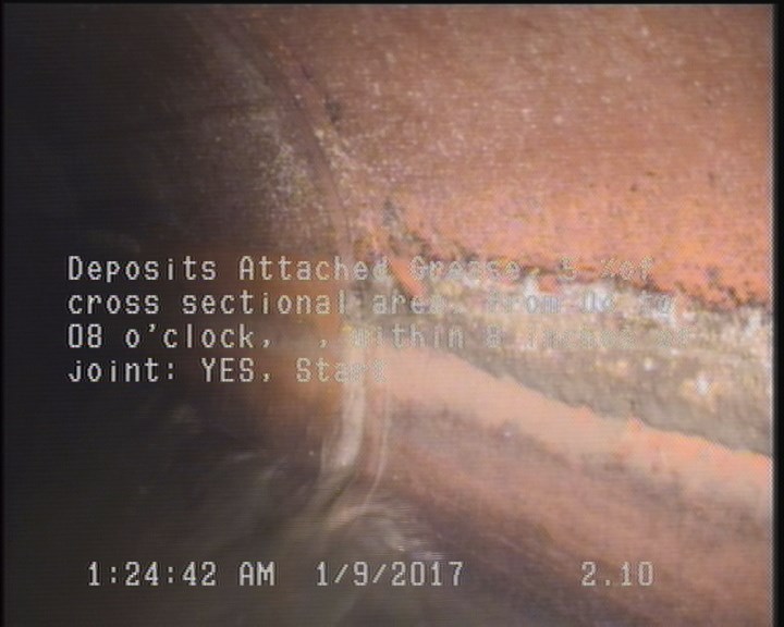 Deposits Attached Grease, 5 %of cross sectional area, from 04 to 08 o'clock, , within 8 inches of joint: YES, Start