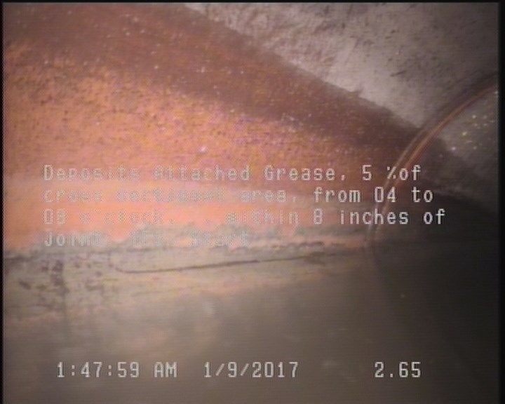 Deposits Attached Grease, 5 %of cross sectional area, from 04 to 08 o'clock, , within 8 inches of joint: YES, Start