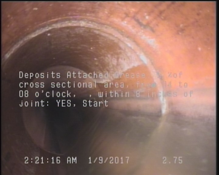 Deposits Attached Grease, 5 %of cross sectional area, from 04 to 08 o'clock, , within 8 inches of joint: YES, Start