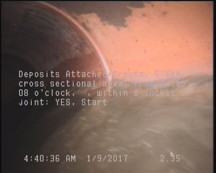 Deposits Attached Grease, 5 %of cross sectional area, from 04 to 08 o'clock, , within 8 inches of joint: YES, Start