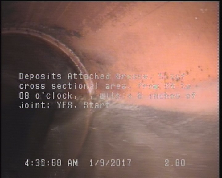 Deposits Attached Grease, 5 %of cross sectional area, from 04 to 08 o'clock, , within 8 inches of joint: YES, Start