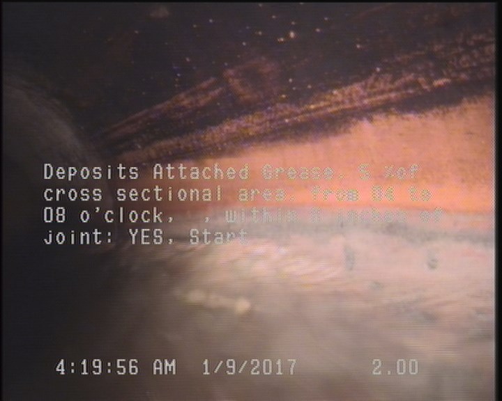 Deposits Attached Grease, 5 %of cross sectional area, from 04 to 08 o'clock, , within 8 inches of joint: YES, Start