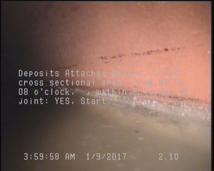 Deposits Attached Grease, 5 %of cross sectional area, from 04 to 08 o'clock, , within 8 inches of joint: YES, Start