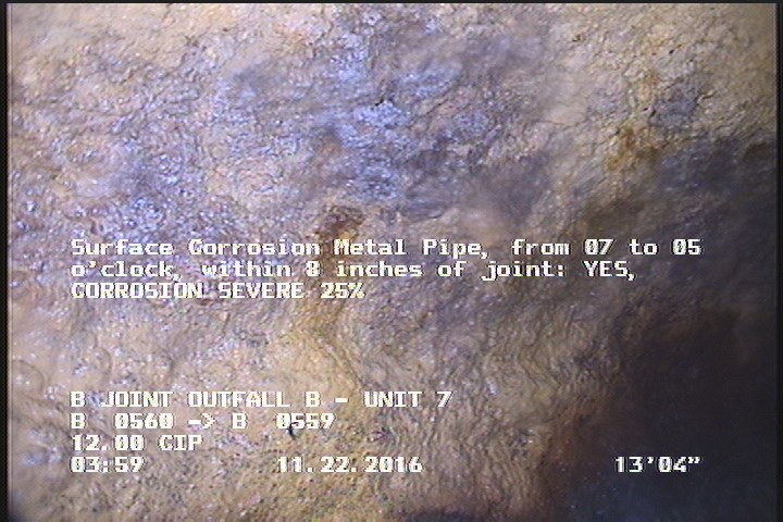 Surface Corrosion Metal Pipe, from 07 to 05 o'clock, within 8 inches of joint: YES - CORROSION SEVERE 25%