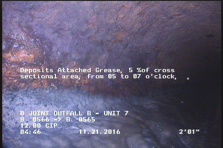 Deposits Attached Grease, 5 %of cross sectional area, from 05 to 07 o'clock, , within 8 inches of joint: YES, Start