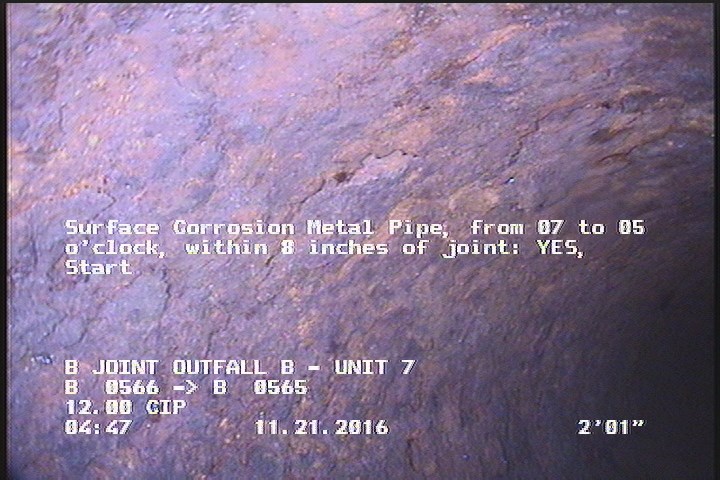 Surface Corrosion Metal Pipe, from 07 to 05 o'clock, within 8 inches of joint: YES, Start