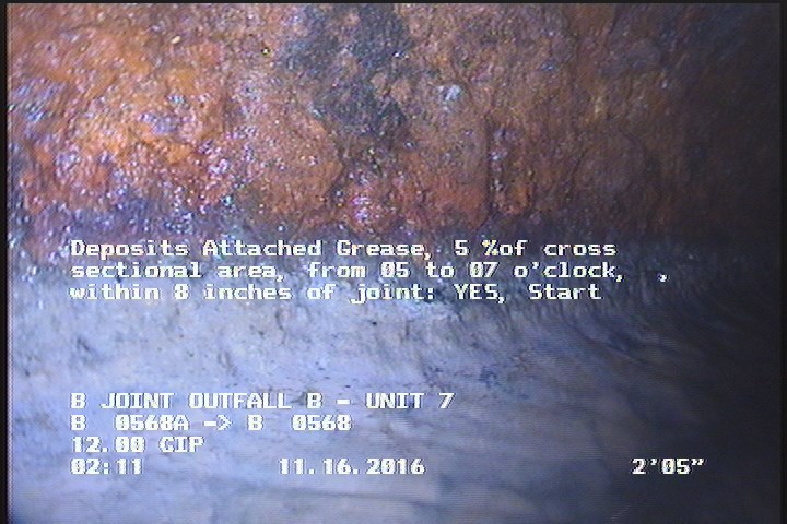 Deposits Attached Grease, 5 %of cross sectional area, from 05 to 07 o'clock, , within 8 inches of joint: YES, Start