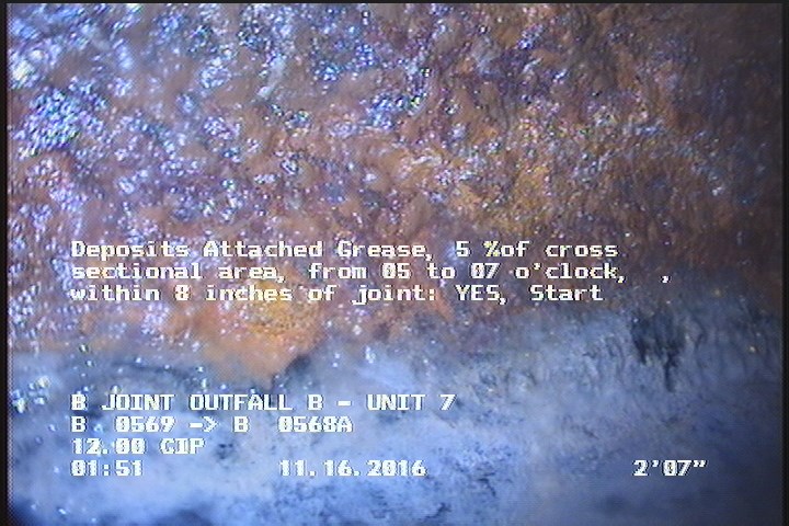 Deposits Attached Grease, 5 %of cross sectional area, from 05 to 07 o'clock, , within 8 inches of joint: YES, Start