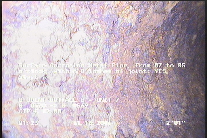 Surface Corrosion Metal Pipe, from 07 to 05 o'clock, within 8 inches of joint: YES, Start