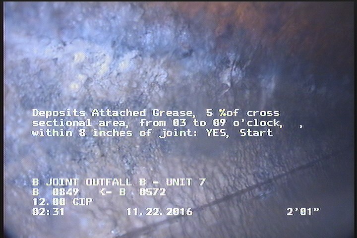 Deposits Attached Grease, 5 %of cross sectional area, from 03 to 09 o'clock, , within 8 inches of joint: YES, Start
