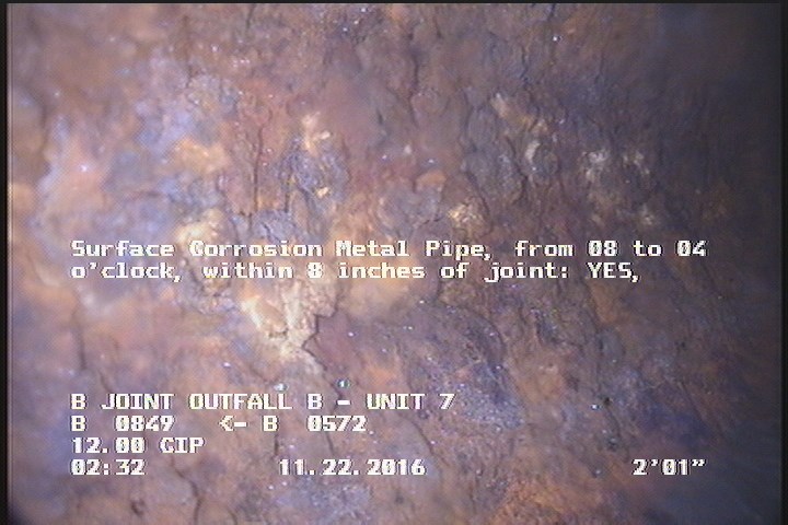 Surface Corrosion Metal Pipe, from 08 to 04 o'clock, within 8 inches of joint: YES, Start