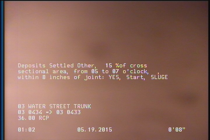 Deposits Settled Other, 15 %of cross sectional area, from 05 to 07 o'clock, , within 8 inches of joint: YES, Start - SLUGE