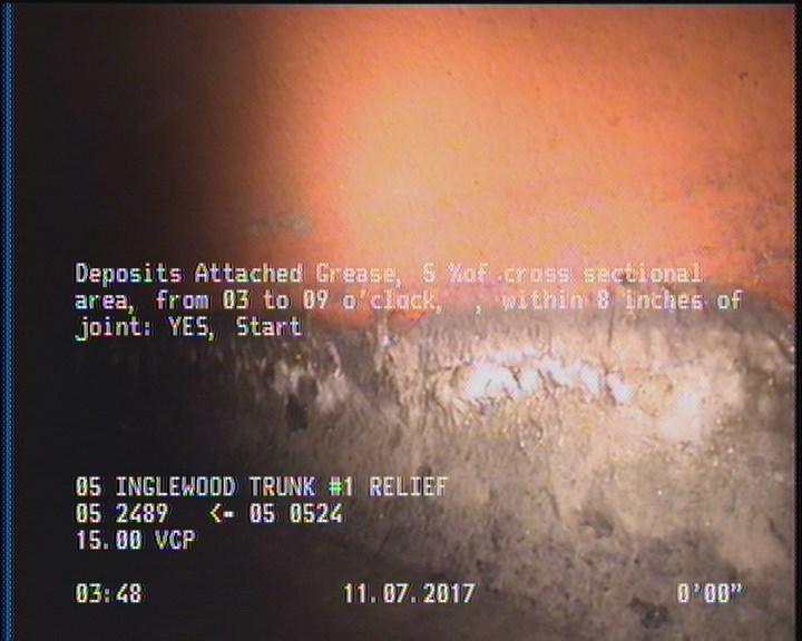 Deposits Attached Grease, 5 %of cross sectional area, from 03 to 09 o'clock, , within 8 inches of joint: YES, Start