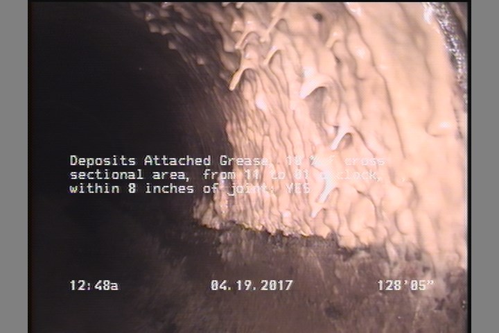 Deposits Attached Grease, 10 %of cross sectional area, from 11 to 01 o'clock, , within 8 inches of joint: YES