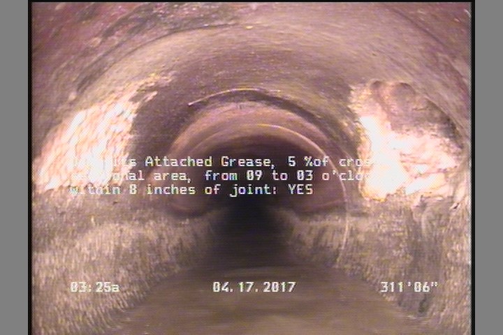 Deposits Attached Grease, 5 %of cross sectional area, from 09 to 03 o'clock, , within 8 inches of joint: YES