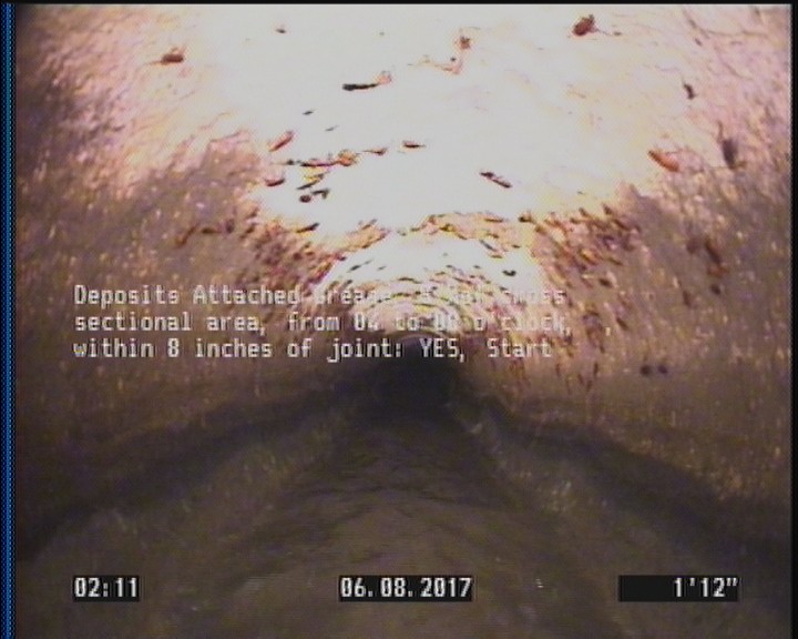 Deposits Attached Grease, 5 %of cross sectional area, from 04 to 08 o'clock, , within 8 inches of joint: YES, Start