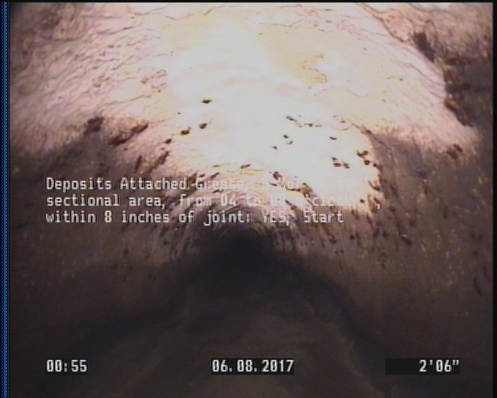 Deposits Attached Grease, 5 %of cross sectional area, from 04 to 08 o'clock, , within 8 inches of joint: YES, Start