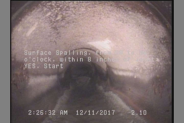Surface Spalling, from 08 to 04 o'clock, within 8 inches of joint: YES, Start