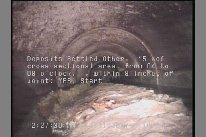 Deposits Settled Other, 15 %of cross sectional area, from 04 to 08 o'clock, , within 8 inches of joint: YES, Start