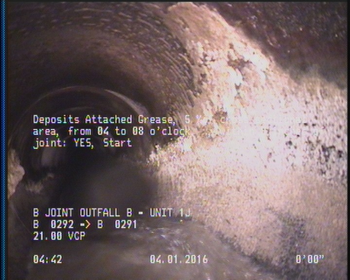 Deposits Attached Grease, 5 %of cross sectional area, from 04 to 08 o'clock, , within 8 inches of joint: YES, Start